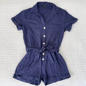 New Velvet Heart Short Sleeve Button Up Safari Linen Romper in Navy Blue Size S